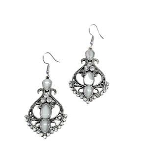 Vintage Style Silver Dangle Earrings with White Accents Nickle Free Hook